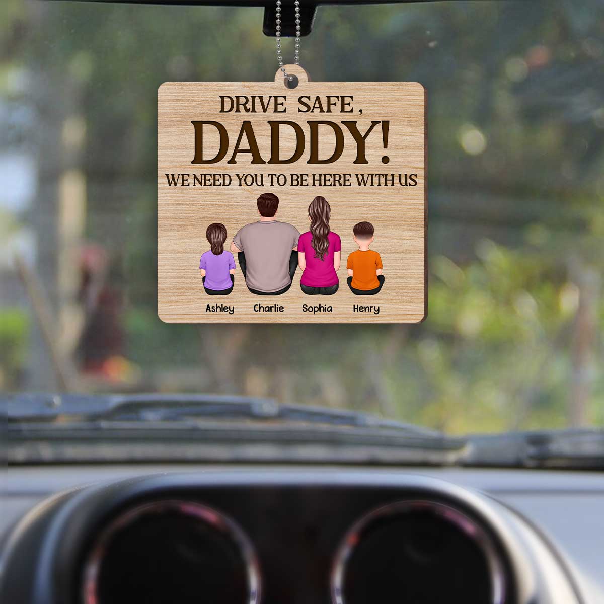 Best Dad Ever Back View Man Kids Dog Cat Personalized Wooden Car Ornament - Image 3