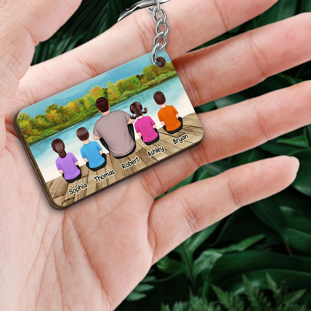 Best Dad Ever Back View Man Kids Dog Cat Sitting Landscape Background Personalized Wooden Keychain - Image 2