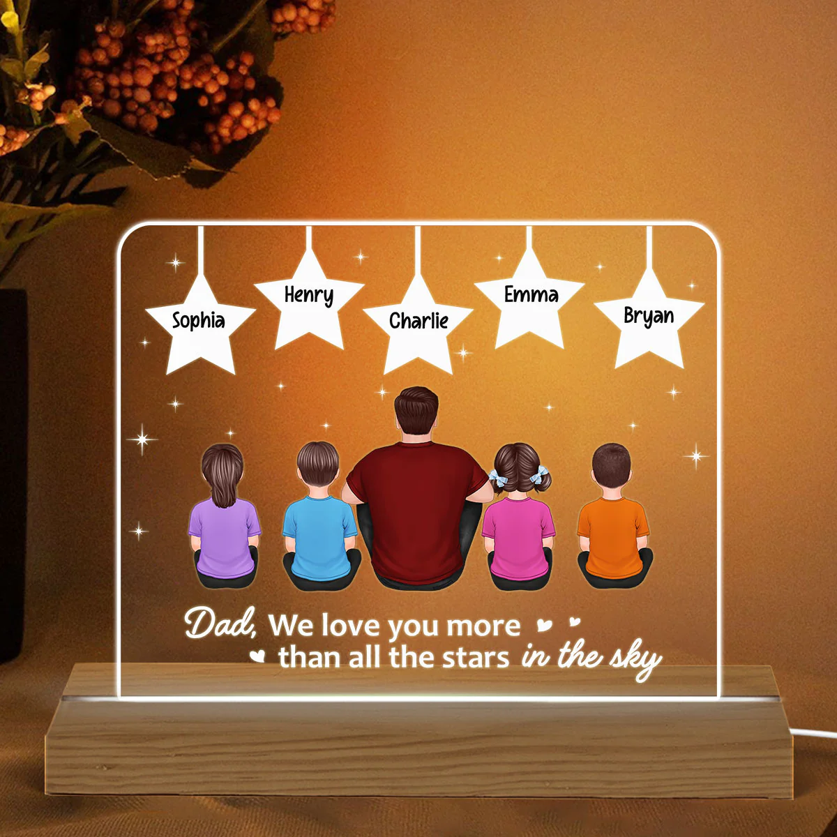 Best Dad Ever Back View Man Kids Dog Cat Sitting Under Stars Personalized Custom Shape Acrylic Plaque Warm LED Night Light - Image 2