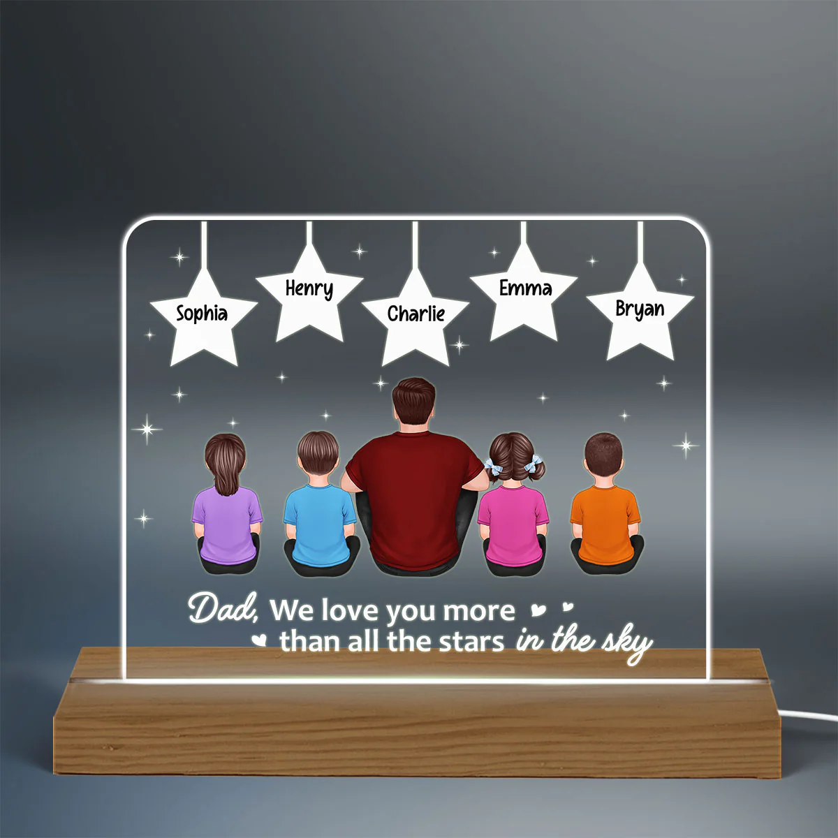 Best Dad Ever Back View Man Kids Dog Cat Sitting Under Stars Personalized Custom Shape Acrylic Plaque Warm LED Night Light - Image 3