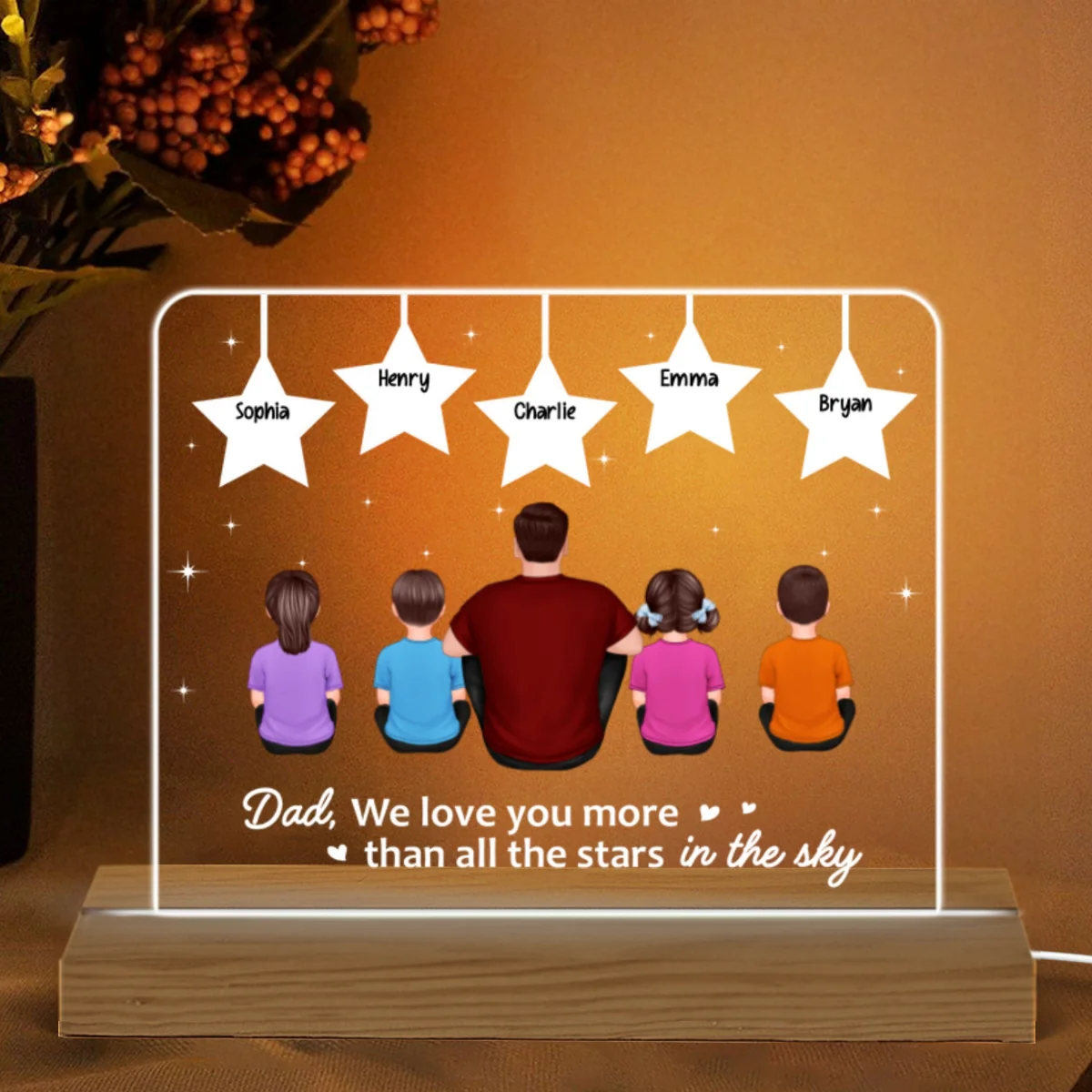 Best Dad Ever Back View Man Kids Dog Cat Sitting Under Stars Personalized Custom Shape Acrylic Plaque Warm LED Night Light - Image 4