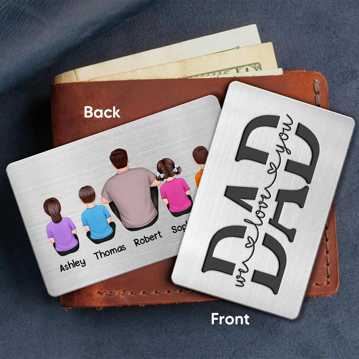 Best Dad Ever Back View Man Kids Dogs Cats Personalized Metal Wallet Card - Image 3