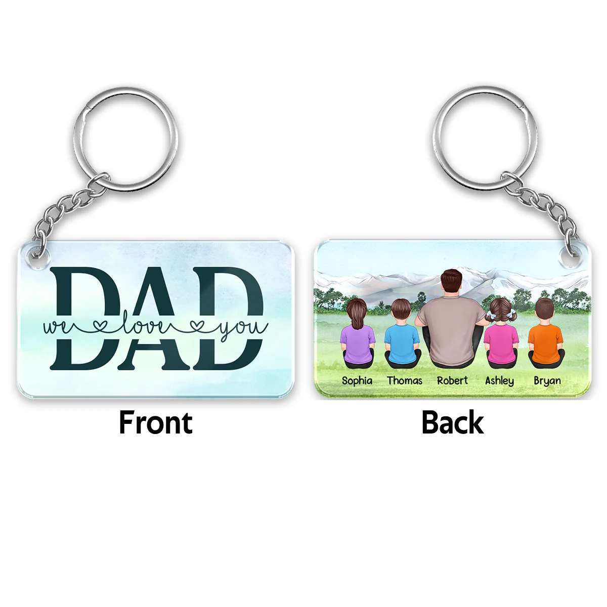 Best Dad Ever Back View Man & Kids Kid Dog Cat Sitting On Grass Personalized Acrylic Keychain