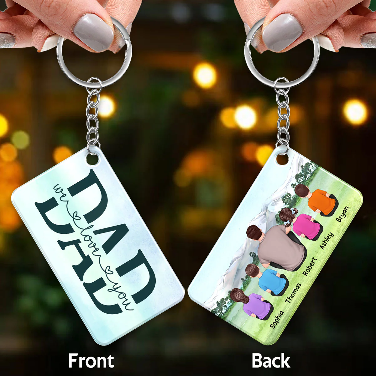 Best Dad Ever Back View Man & Kids Kid Dog Cat Sitting On Grass Personalized Acrylic Keychain - Image 3