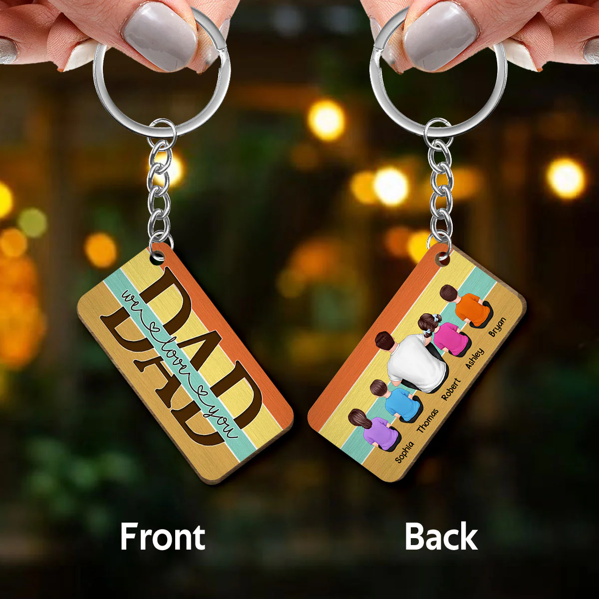 Best Dad Ever Back View Sitting Man & Kids Dog Cat Retro Personalized Wooden Keychain - Image 3