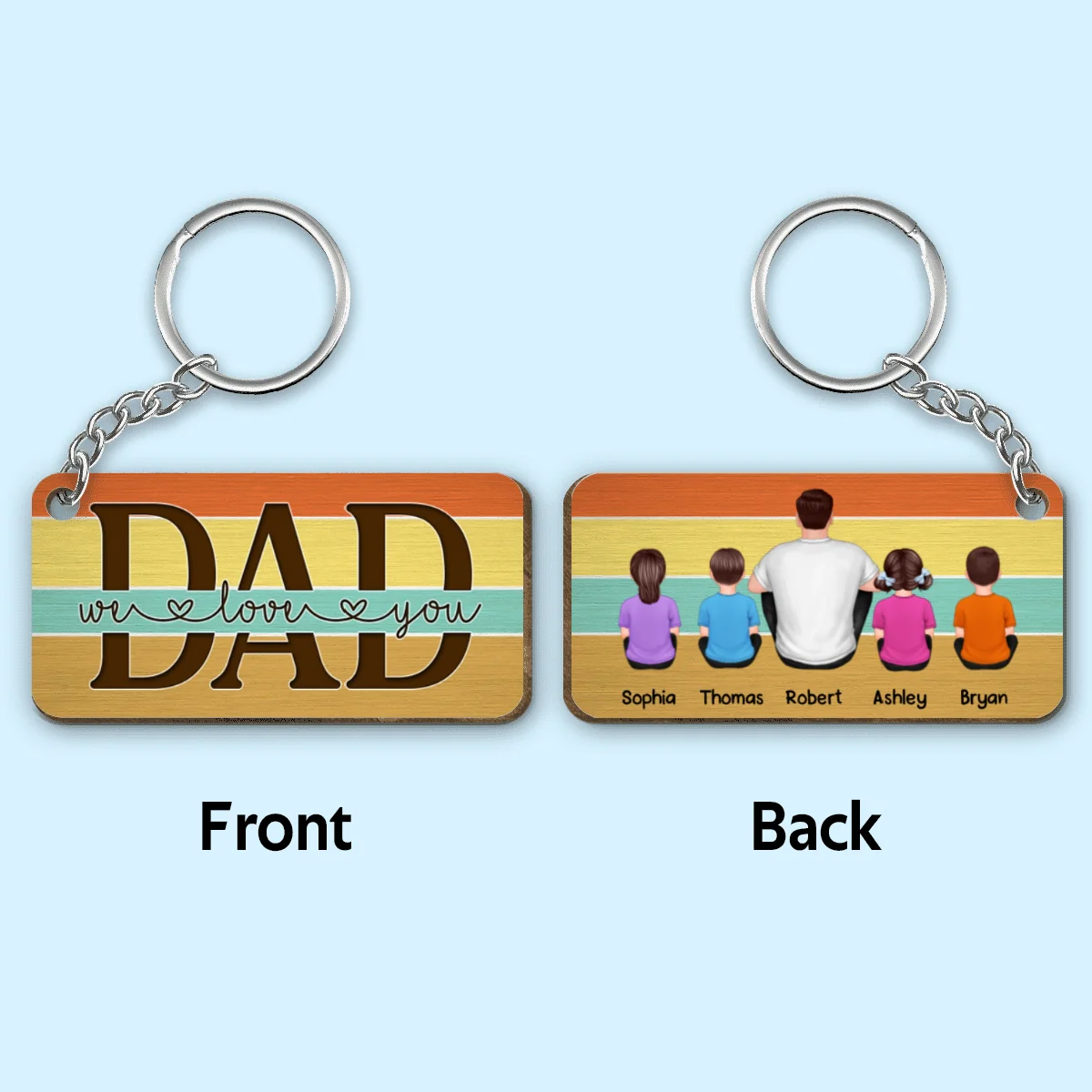 Best Dad Ever Back View Sitting Man & Kids Dog Cat Retro Personalized Wooden Keychain - Image 4