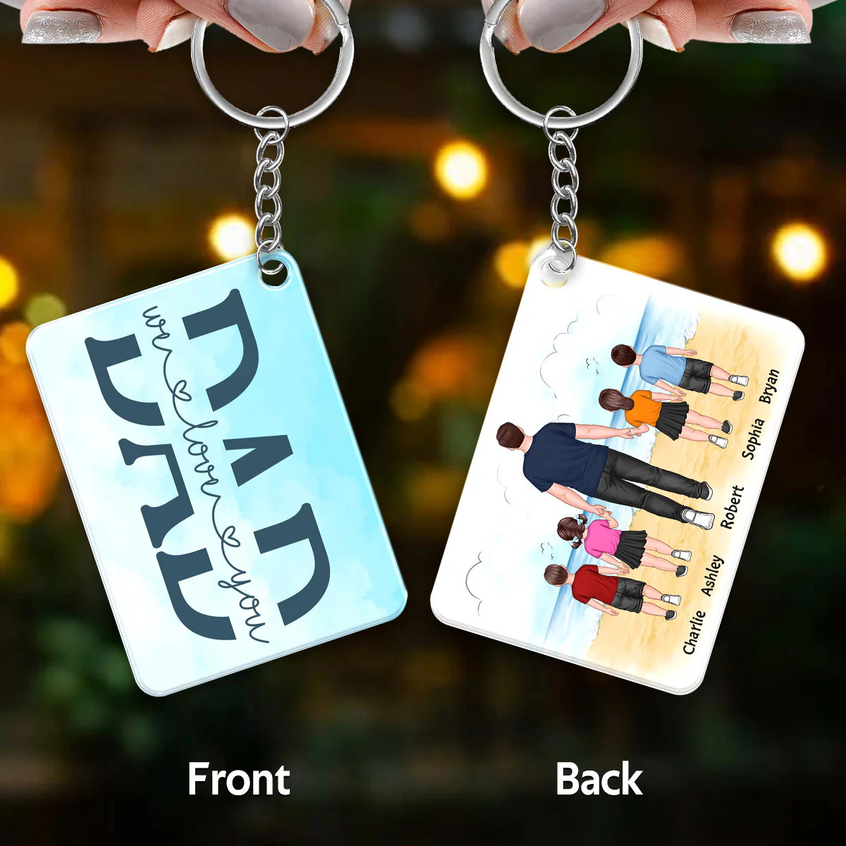 Best Dad Ever Back View Walking Dad & Kids On Beach Personalized Acrylic Keychain - Image 2