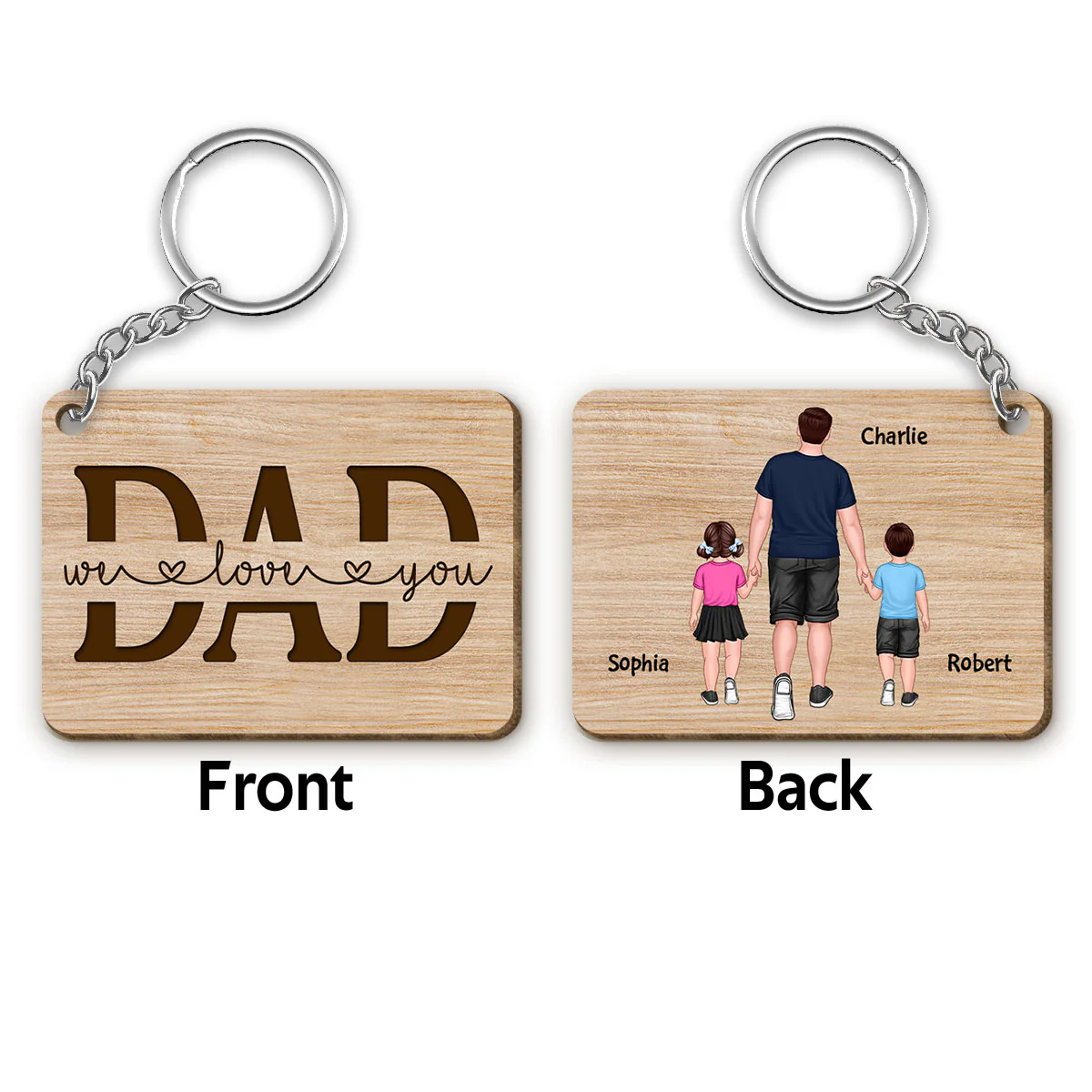 Best Dad Ever Back View Walking Dad & Kids Personalized Wooden Keychain