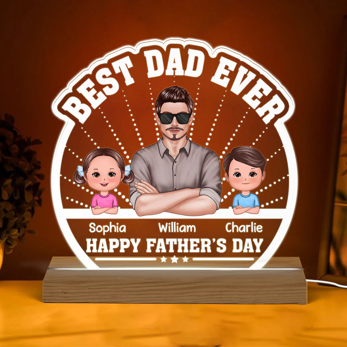 Best Dad Ever Crossed Hands Man Kids Dog Cat Personalized Custom Shaped Acrylic Plaque With Warm LED Night Light