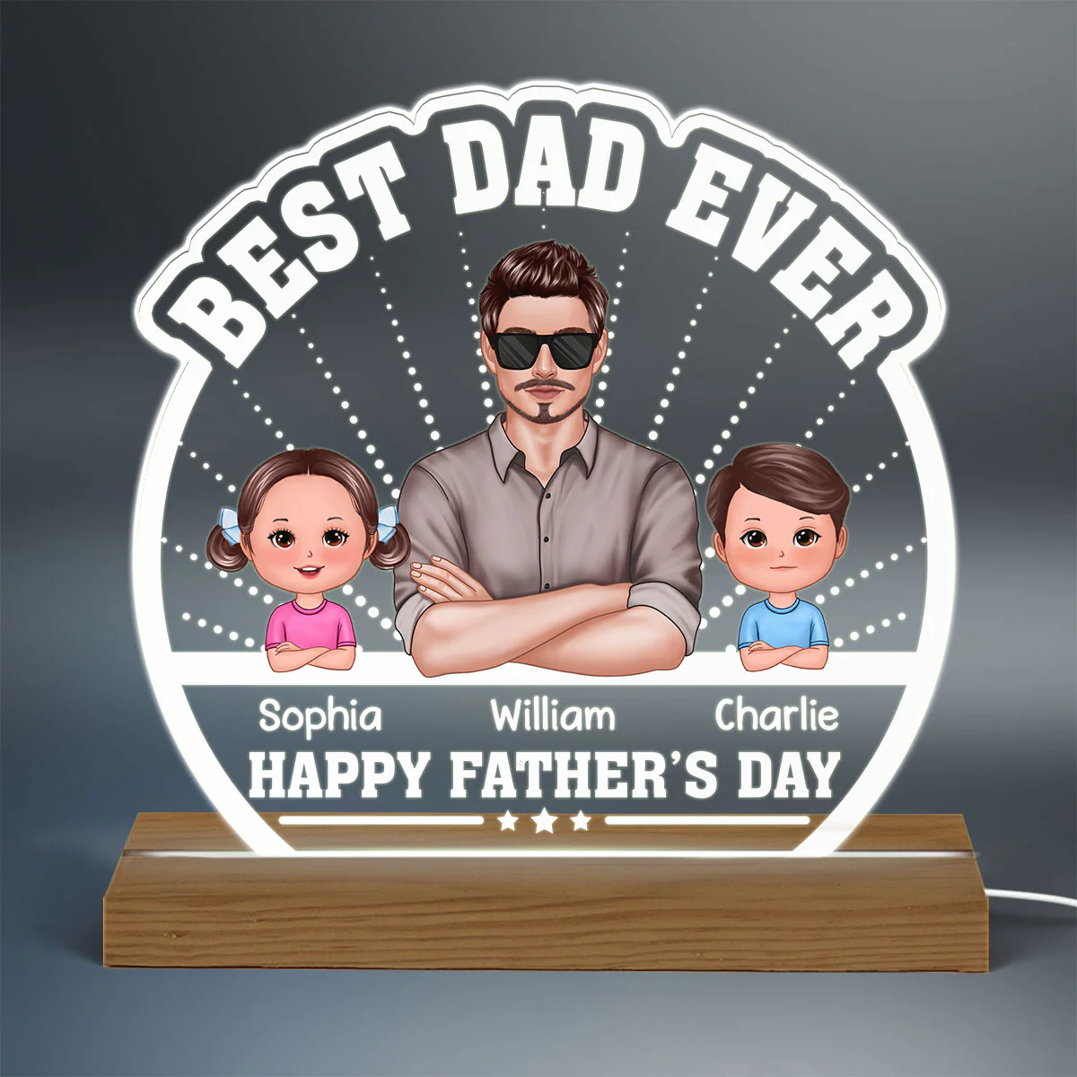 Best Dad Ever Crossed Hands Man Kids Dog Cat Personalized Custom Shaped Acrylic Plaque With Warm LED Night Light - Image 3
