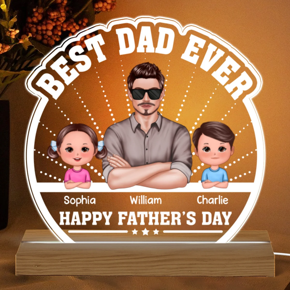 Best Dad Ever Crossed Hands Man Kids Dog Cat Personalized Custom Shaped Acrylic Plaque With Warm LED Night Light - Image 4