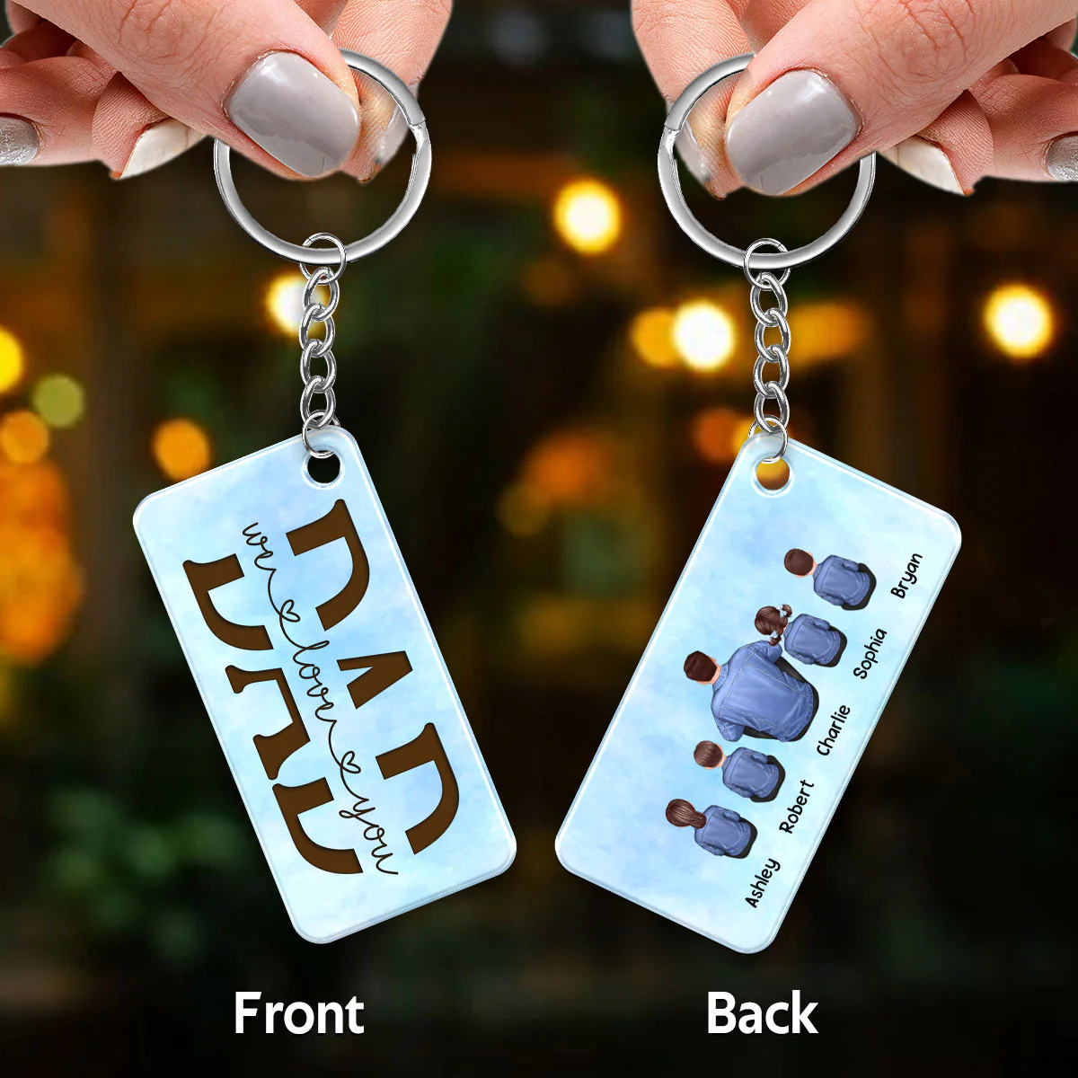 Best Dad Ever Denim Jacket Sitting Back View Personalized Acrylic Keychain - Image 3