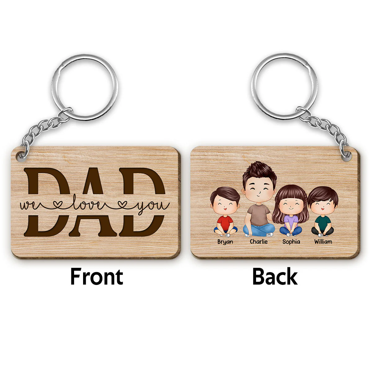 Best Dad Ever Doll Man & Kids Dogs Cats Watercolor Style Father‘s Day Gift Personalized Wooden Keychain