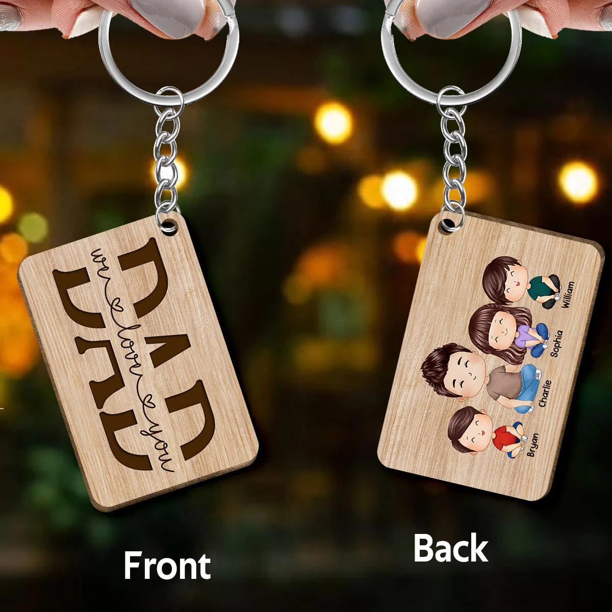 Best Dad Ever Doll Man & Kids Dogs Cats Watercolor Style Father‘s Day Gift Personalized Wooden Keychain - Image 3