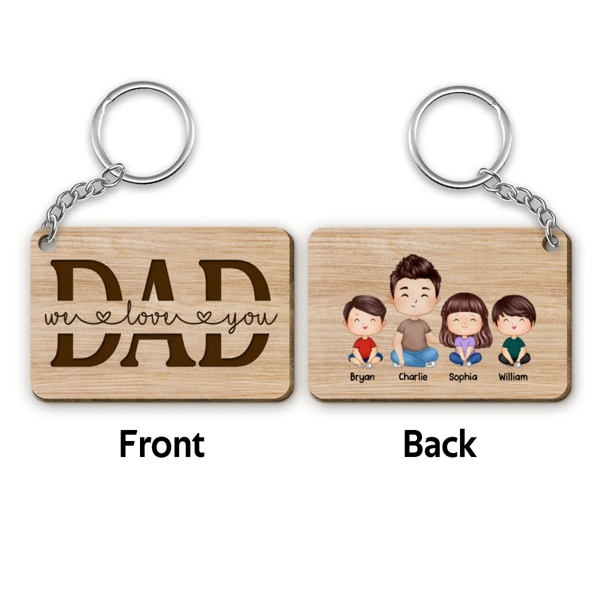 Best Dad Ever Doll Man & Kids Dogs Cats Watercolor Style Father‘s Day Gift Personalized Wooden Keychain - Image 4