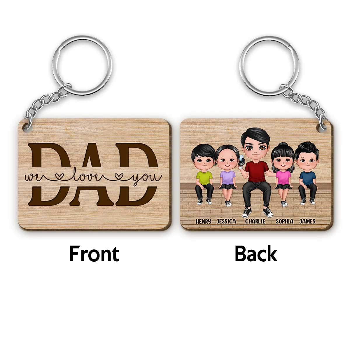 Best Dad Ever Doll Man & Kids Sitting On Wall Personalized Wooden Keychain