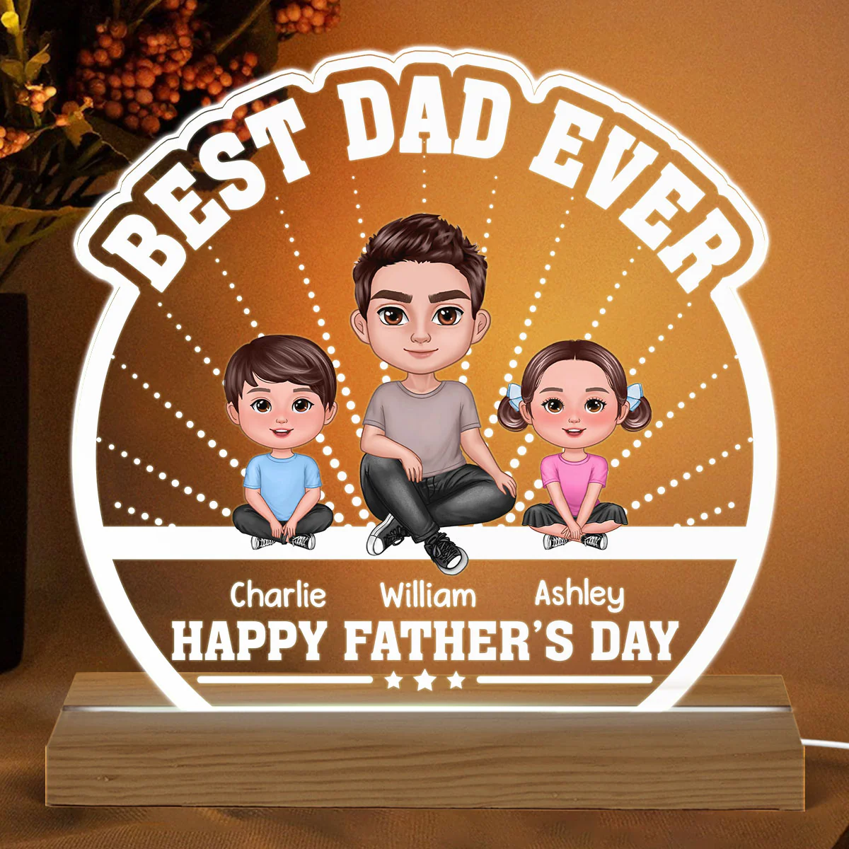 Best Dad Ever Doll Man Sitting With Kids Dog Cat Personalized Custom Shaped Acrylic Plaque With Warm LED Night Light - Image 2