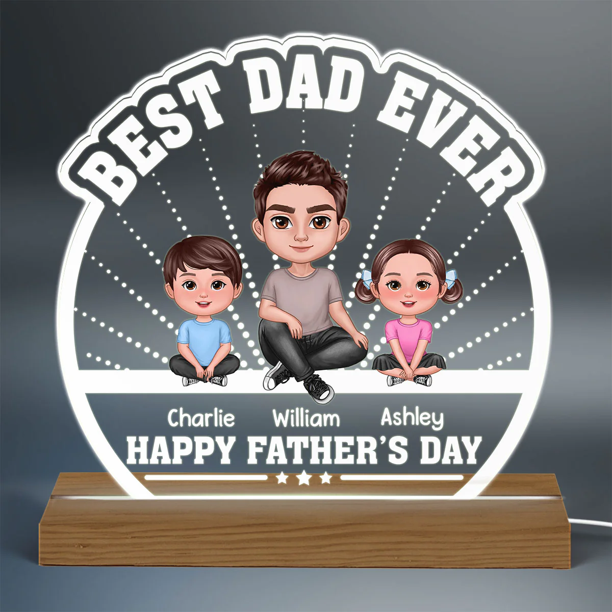 Best Dad Ever Doll Man Sitting With Kids Dog Cat Personalized Custom Shaped Acrylic Plaque With Warm LED Night Light - Image 3