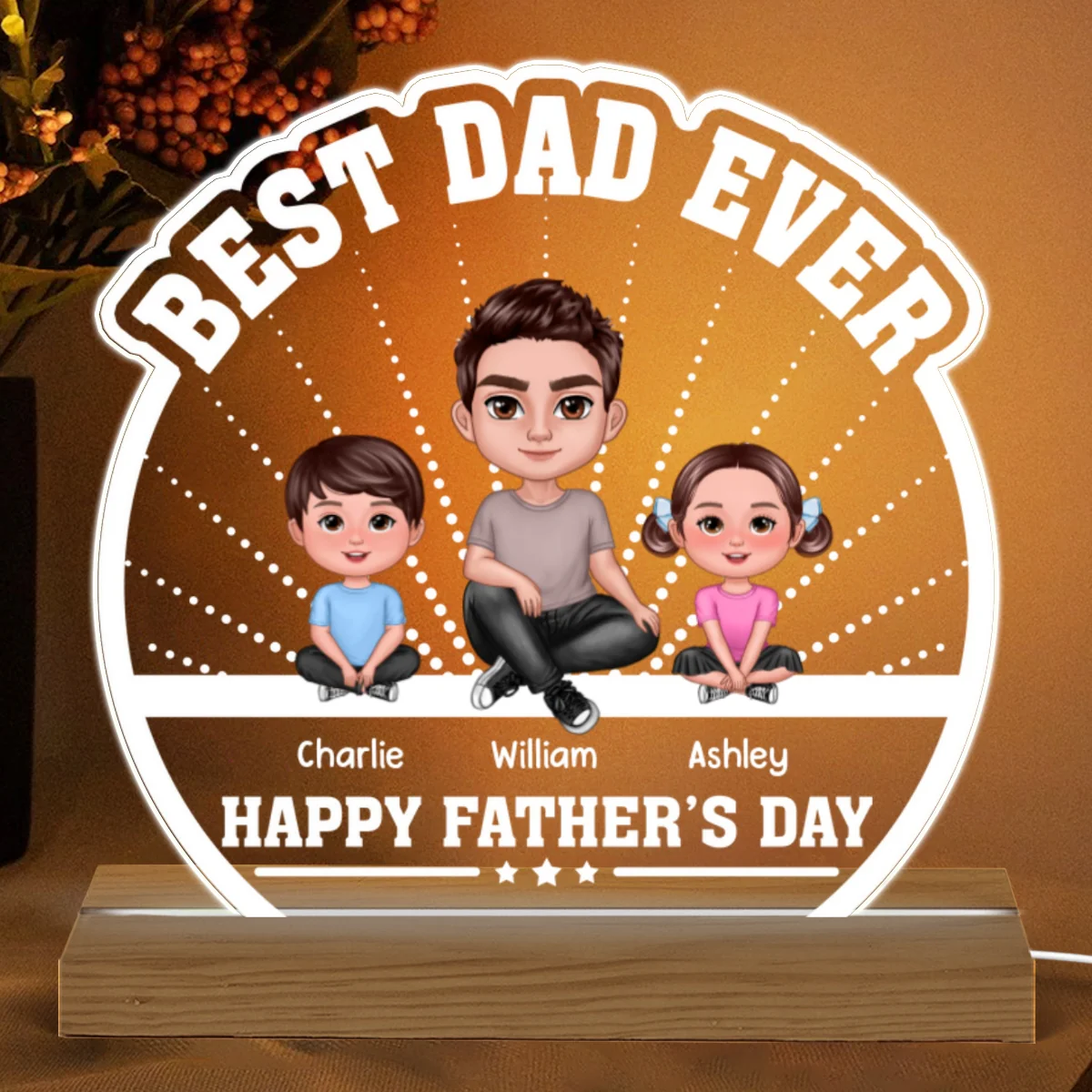 Best Dad Ever Doll Man Sitting With Kids Dog Cat Personalized Custom Shaped Acrylic Plaque With Warm LED Night Light - Image 4