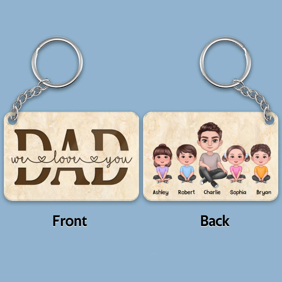 Best Dad Ever Doll Sitting Man & Kids Dog Cat Personalized Acrylic Keychain - Image 4