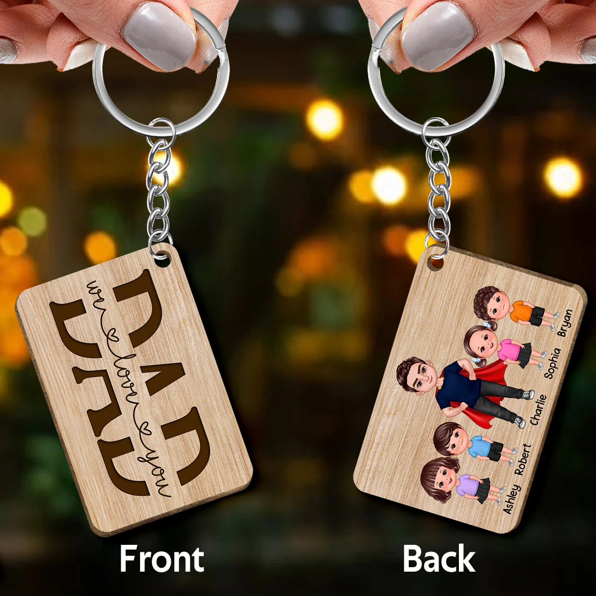 Best Dad Ever Doll Super Dad Man & Doll Kids Personalized Wooden Keychain - Image 3
