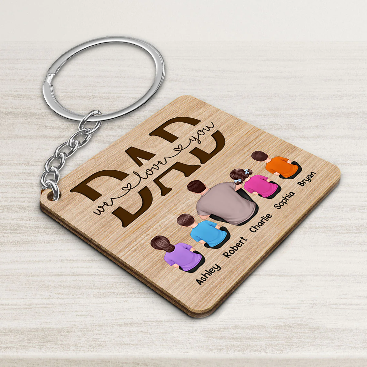Best Dad Ever Drive Safe Daddy Back View Man Kids Dog Cat Personalized Wooden Keychain - Image 3