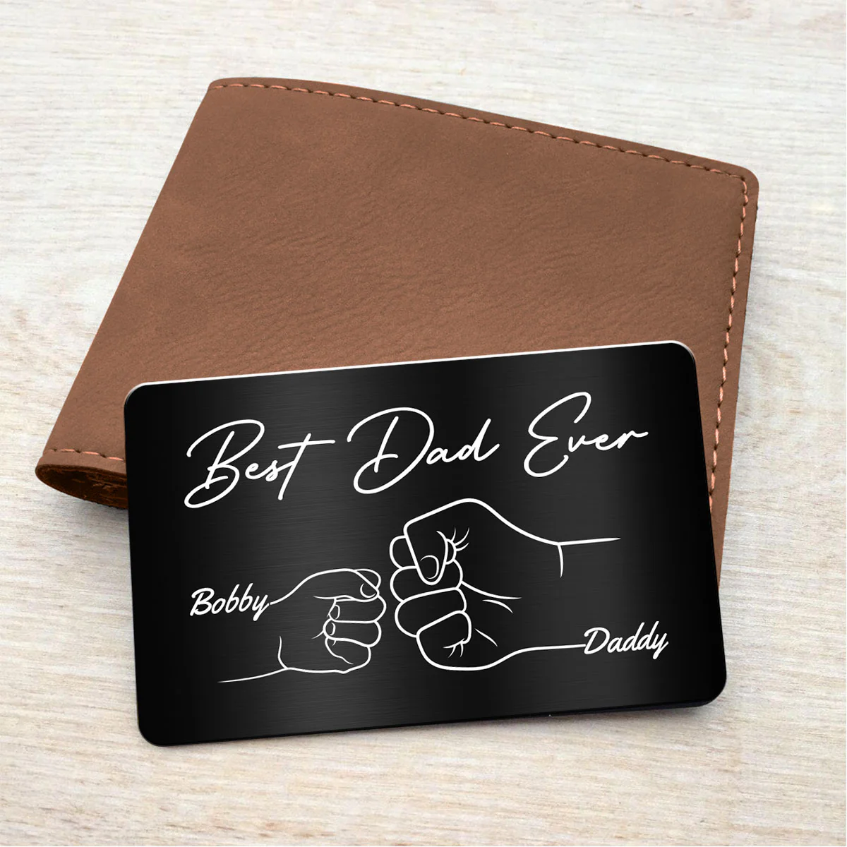 Best Dad Ever Fist Bump Hands Gift For Dad Personalized Metal Wallet Card - Image 3