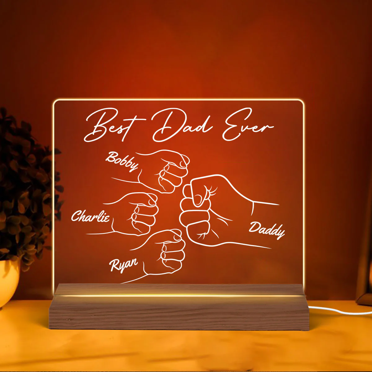 Best Dad Ever Fist Bump Hands Outline Personalized Custom Shape Acrylic Plaque LED Night Light