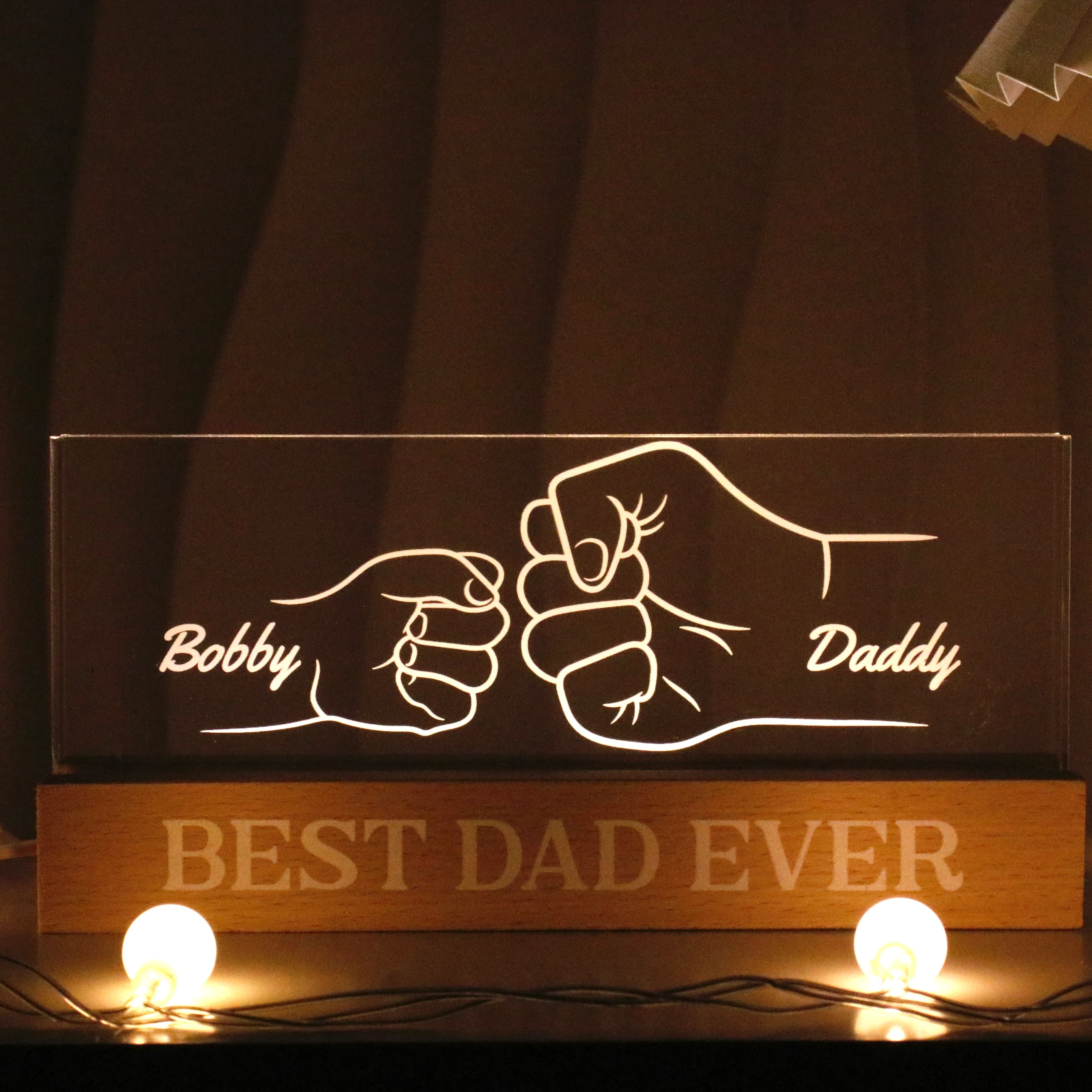 Best Dad Ever Fist Bump Outline Personalized Acrylic Block LED Night Light - Image 2