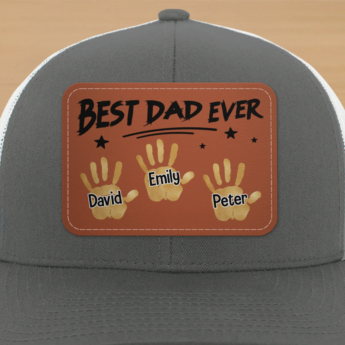 Best Dad Ever Handprints Personalized Leather Patch Hat - Image 12