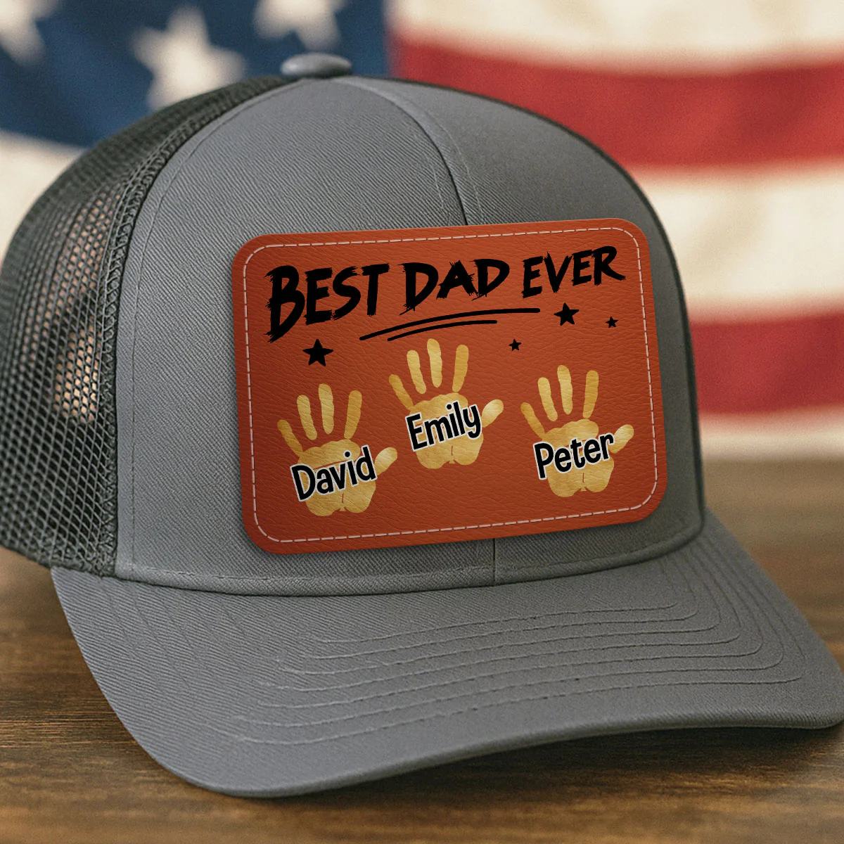 Best Dad Ever Handprints Personalized Leather Patch Hat - Image 2