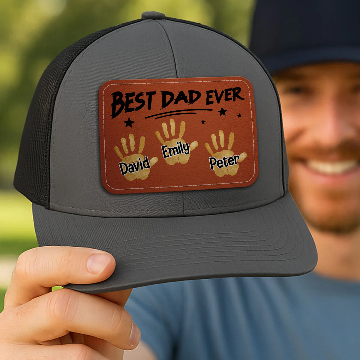 Best Dad Ever Handprints Personalized Leather Patch Hat - Image 3