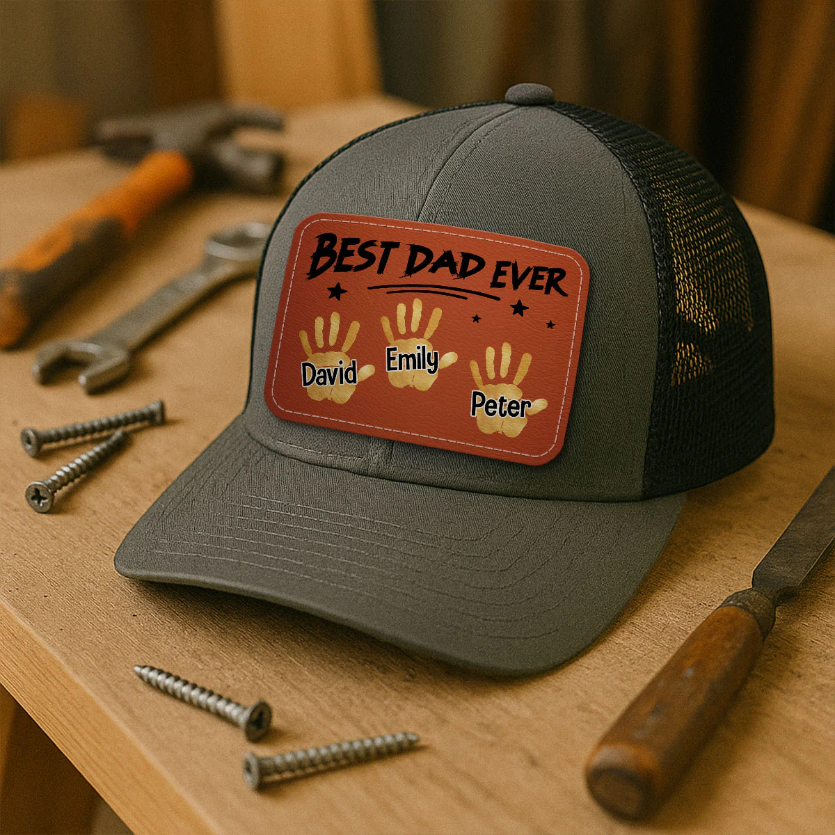 Best Dad Ever Handprints Personalized Leather Patch Hat - Image 4