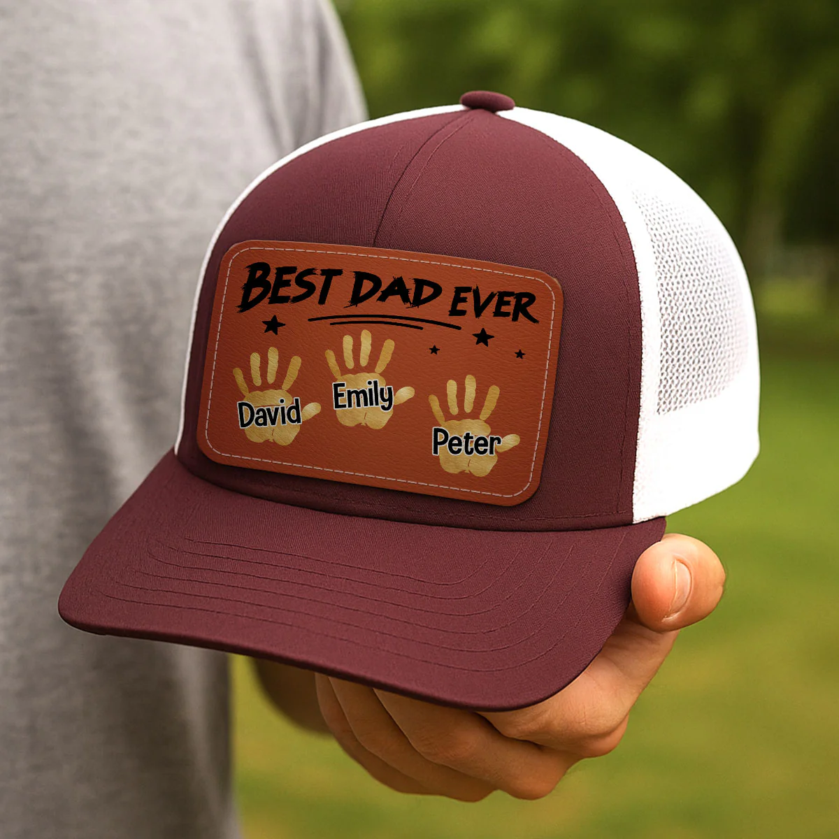 Best Dad Ever Handprints Personalized Leather Patch Hat - Image 5