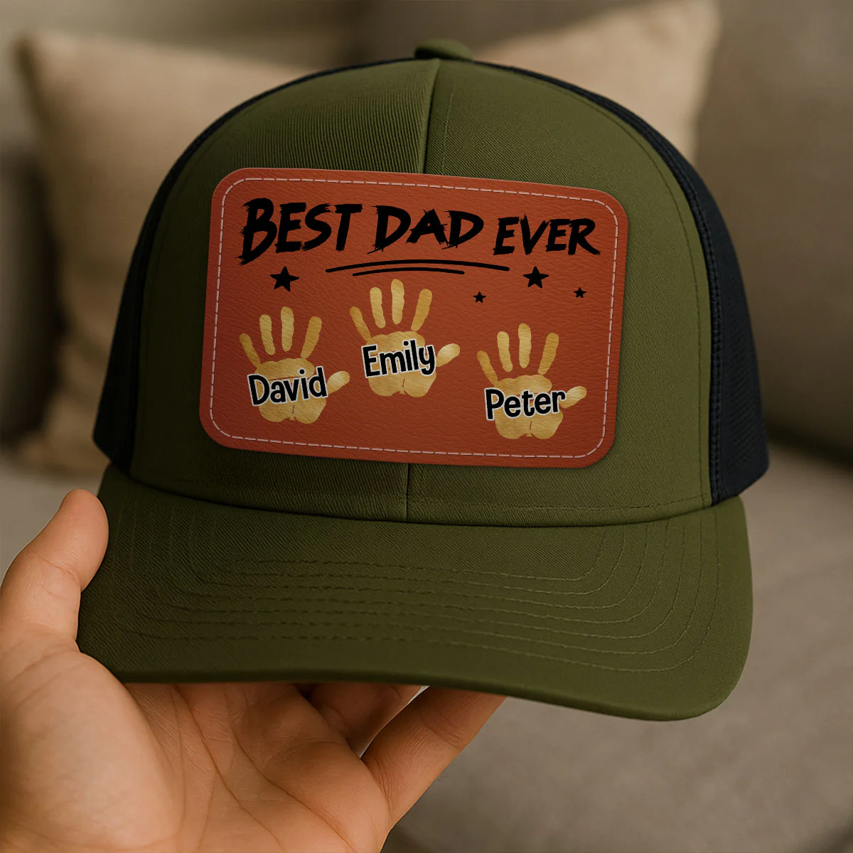 Best Dad Ever Handprints Personalized Leather Patch Hat - Image 6