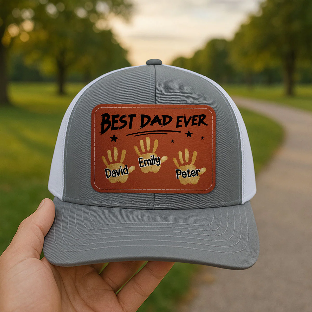 Best Dad Ever Handprints Personalized Leather Patch Hat - Image 7