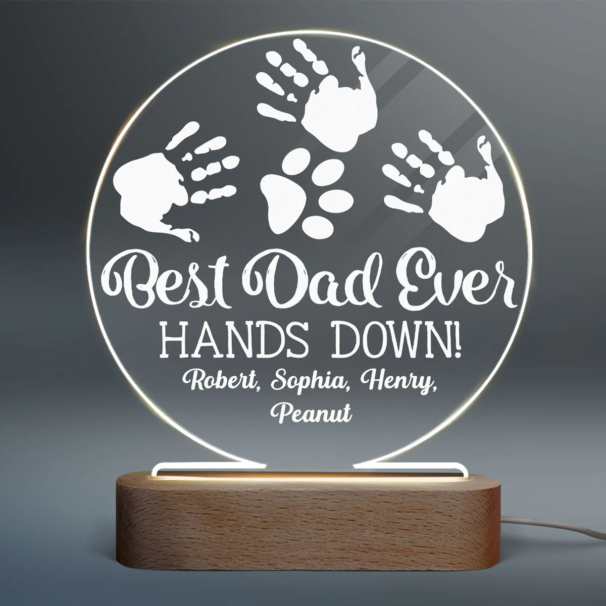 Best Dad Ever Hands Down Kids Dogs Cats Fingerprints Personalized Circle LED Night Light - Image 2