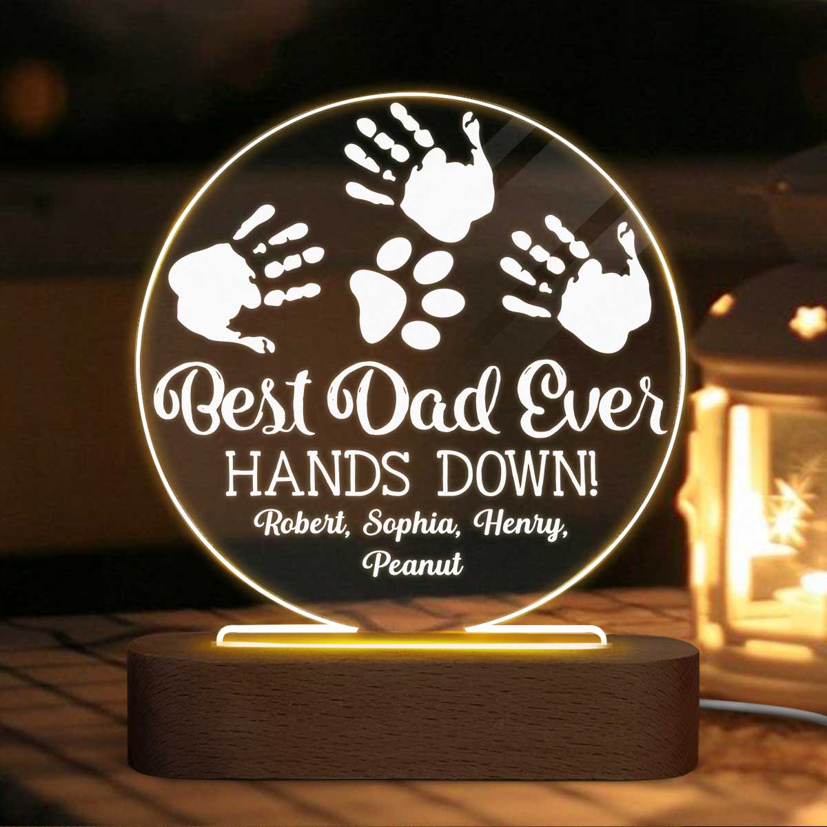 Best Dad Ever Hands Down Kids Dogs Cats Fingerprints Personalized Circle LED Night Light - Image 3