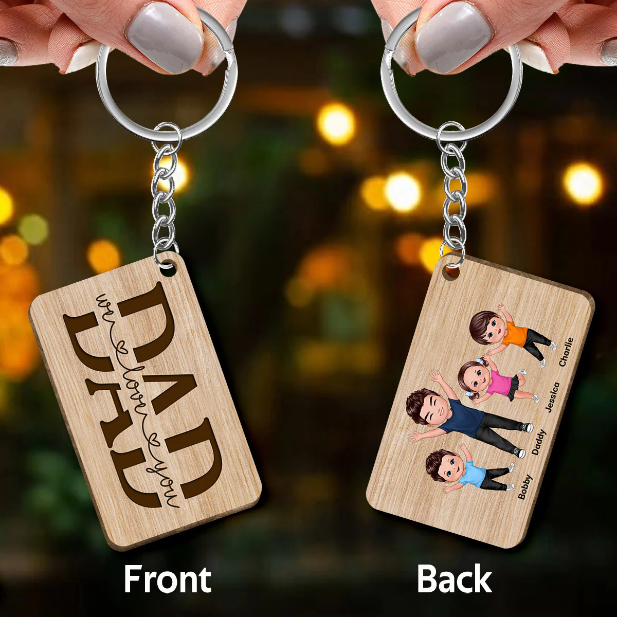 Best Dad Ever Happy Man Kids Dog Cat Personalized Wooden Keychain - Image 3