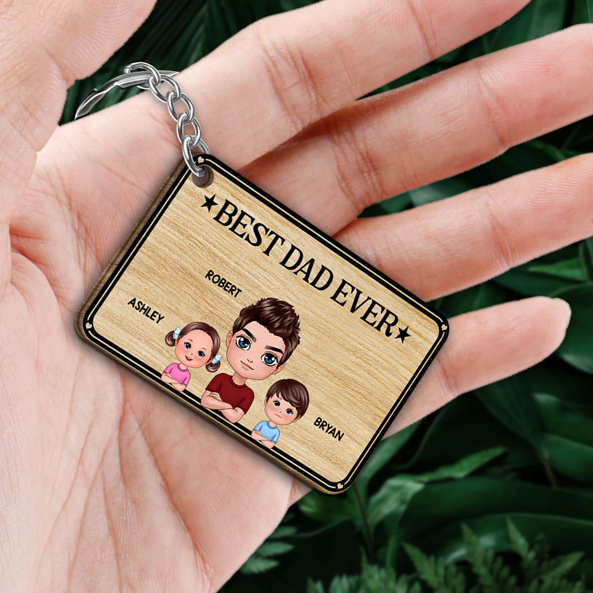 Best Dad Ever Heart Background Personalized Wooden Keychain - Image 2