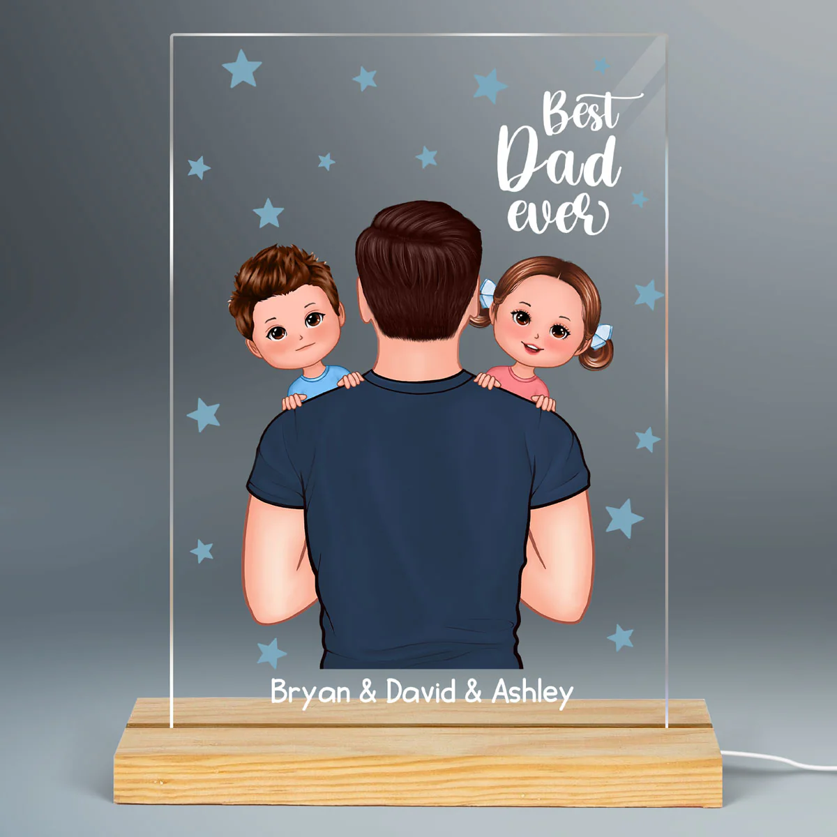 Best Dad Ever Holding Kids Blue Star Personalized Acrylic LED Night Light - Image 2