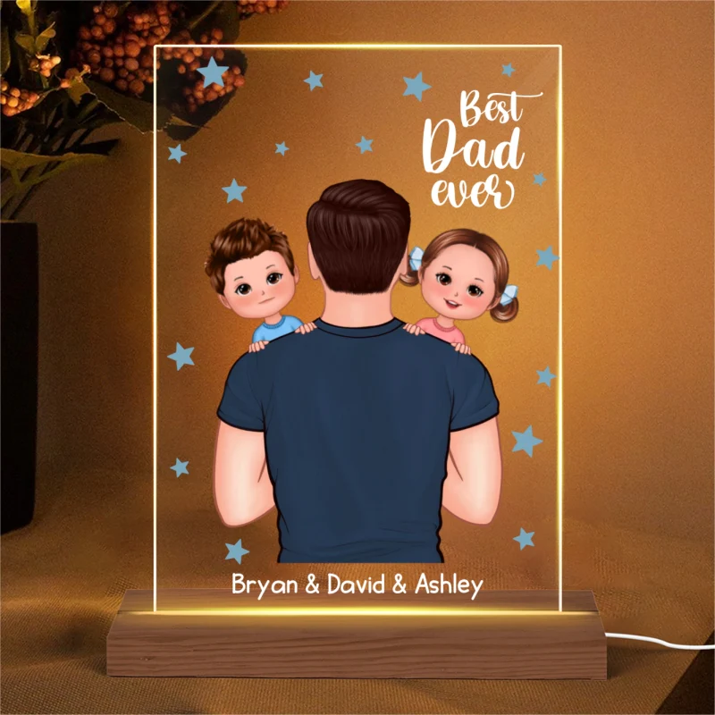 Best Dad Ever Holding Kids Blue Star Personalized Acrylic LED Night Light - Image 4