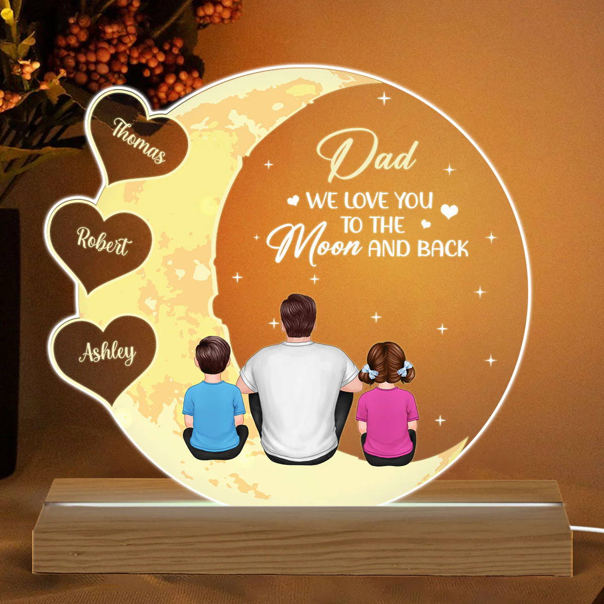 Best Dad Ever I Love You To The Moon And Back Back View Man Sitting With Kids Dogs Cats Personalized Custom Shape Acrylic Plaque Warm LED Night Light - Image 2