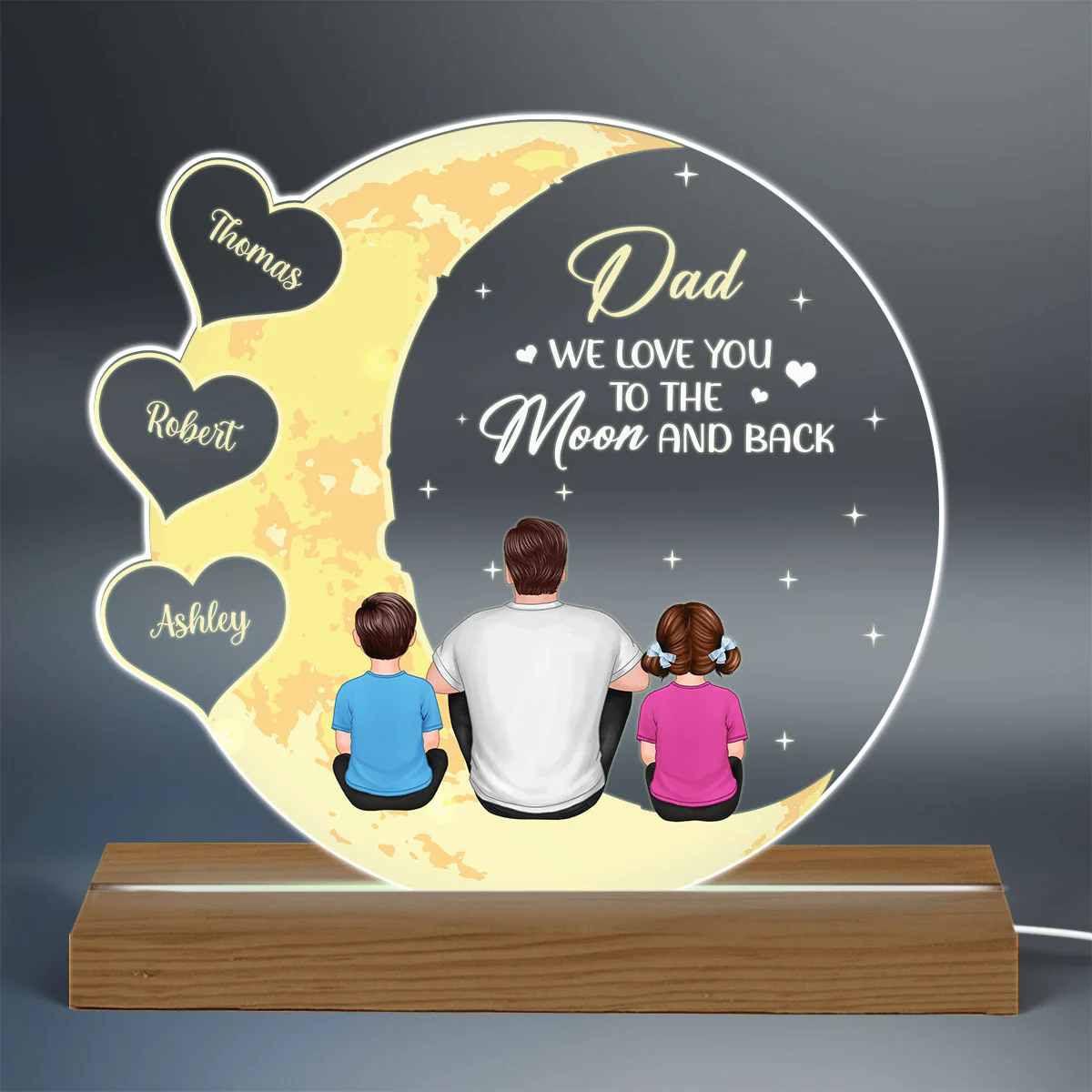 Best Dad Ever I Love You To The Moon And Back Back View Man Sitting With Kids Dogs Cats Personalized Custom Shape Acrylic Plaque Warm LED Night Light - Image 3