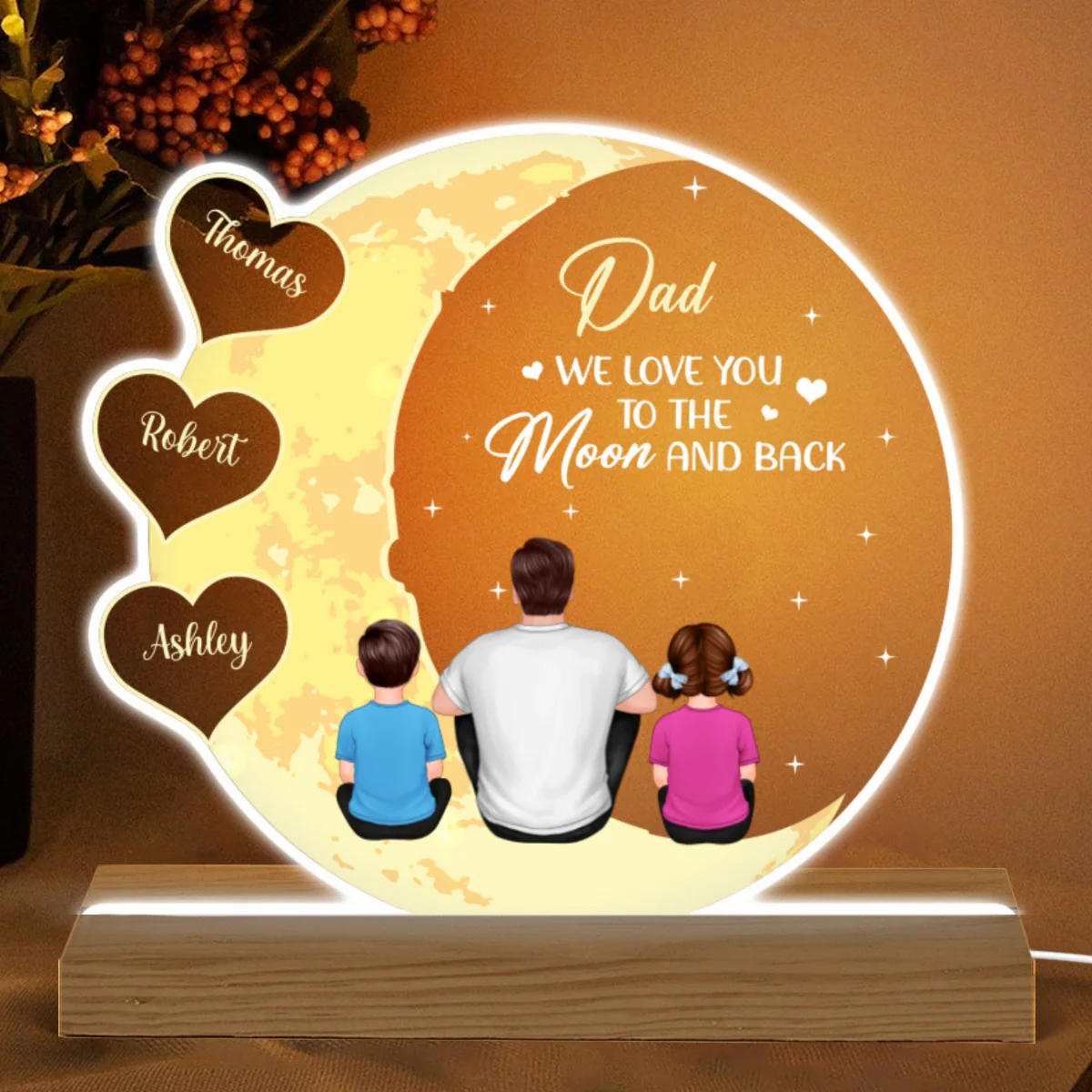 Best Dad Ever I Love You To The Moon And Back Back View Man Sitting With Kids Dogs Cats Personalized Custom Shape Acrylic Plaque Warm LED Night Light - Image 4