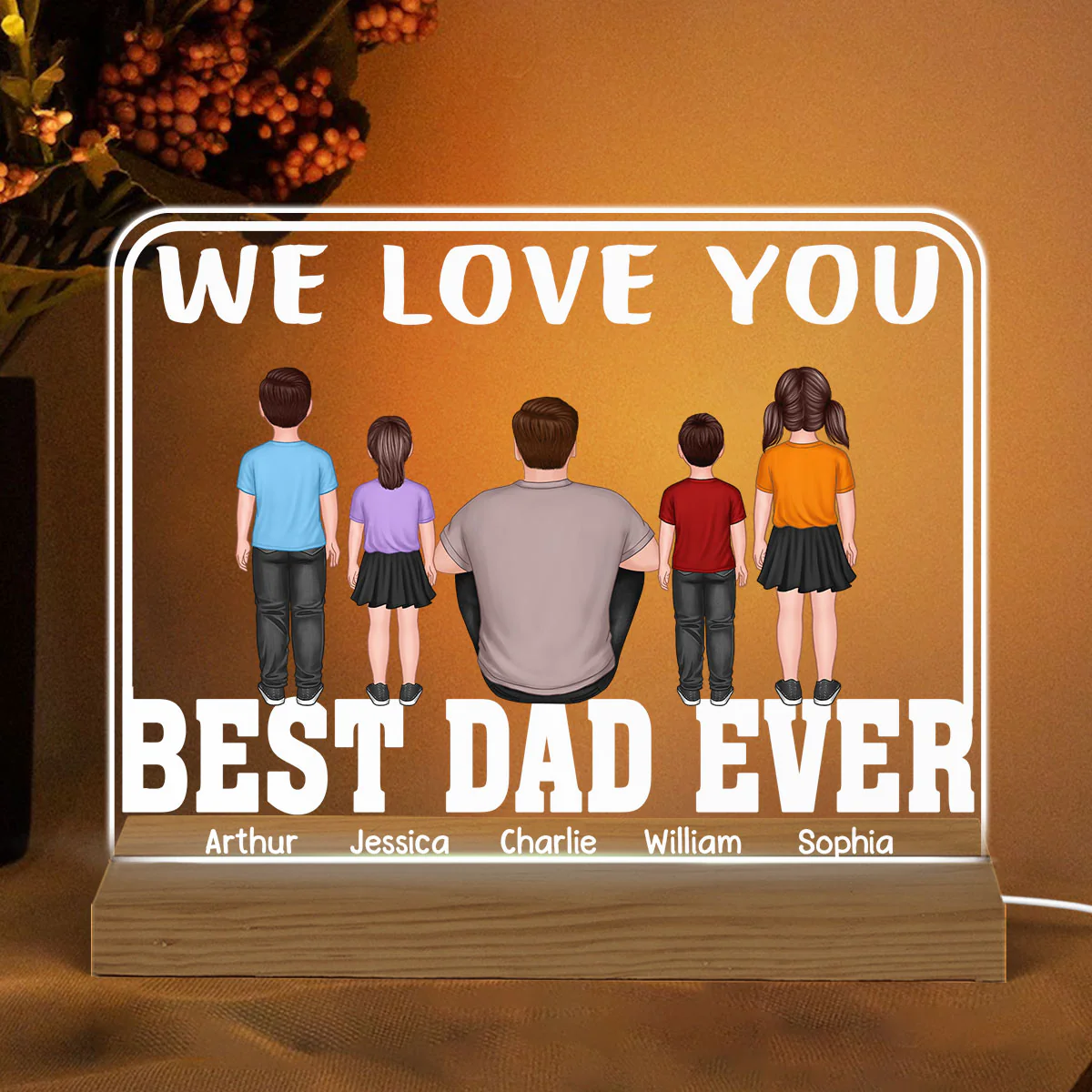 Best Dad Ever Man Sitting Kids Standing Personalized Warm Acrylic Custom Shape LED Night Light - Image 2