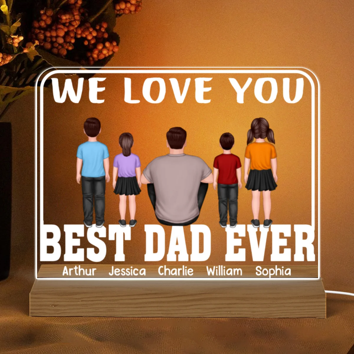 Best Dad Ever Man Sitting Kids Standing Personalized Warm Acrylic Custom Shape LED Night Light - Image 4