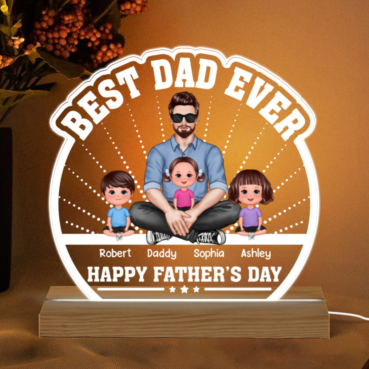 Best Dad Ever Man Sitting With Doll Kids Personalized Custom Shaped Acrylic Plaque With Warm LED Night Light - Image 4