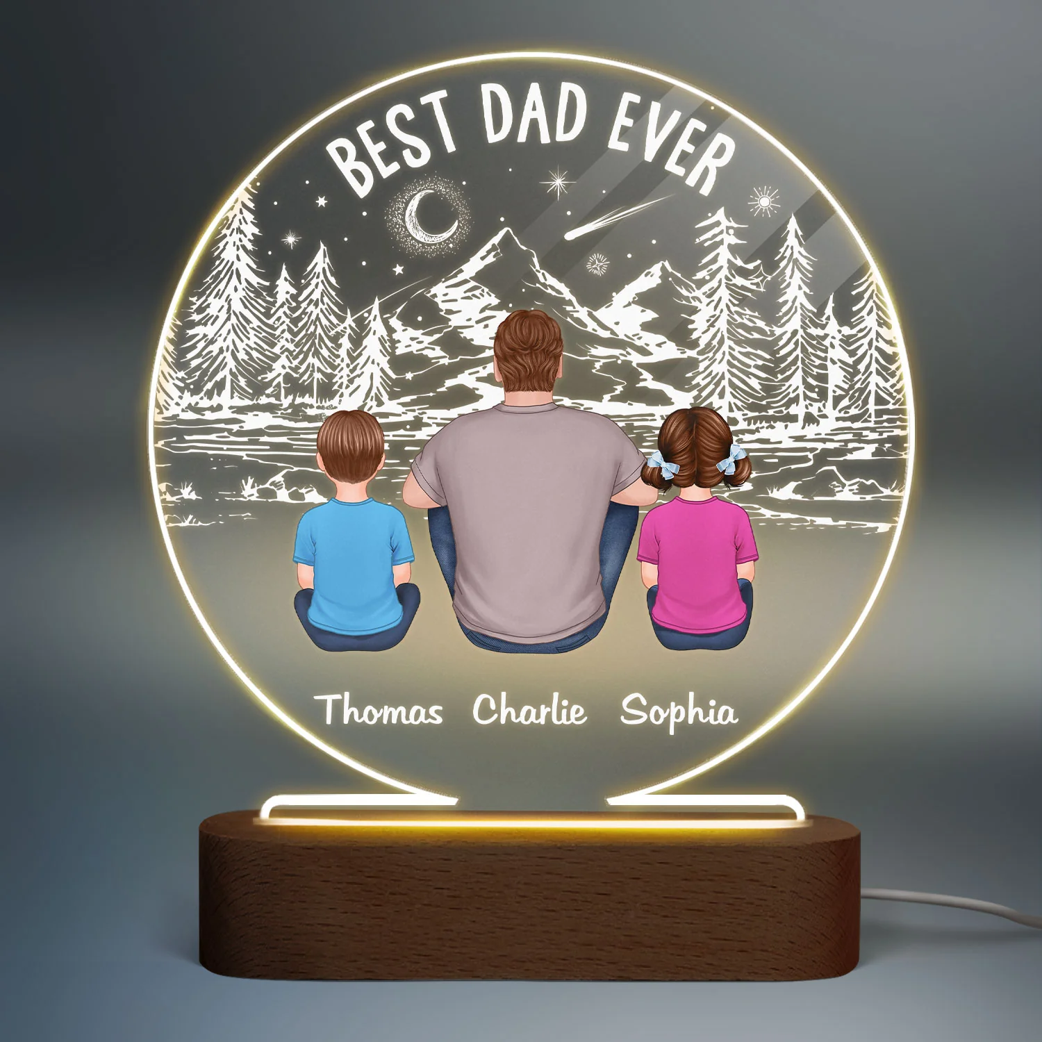 Best Dad Ever Mountain Forest Personalized Circle LED Night Light - Image 2