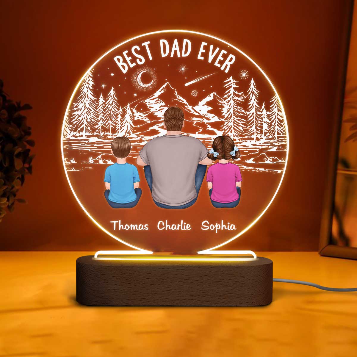 Best Dad Ever Mountain Forest Personalized Circle LED Night Light - Image 3